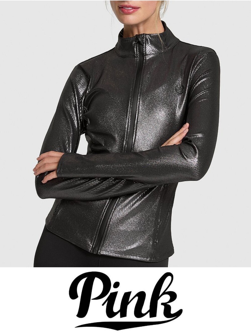 NEW VS Pink Relay Black Shimmer Track Jacket w/ Thumb Holes Sz XL